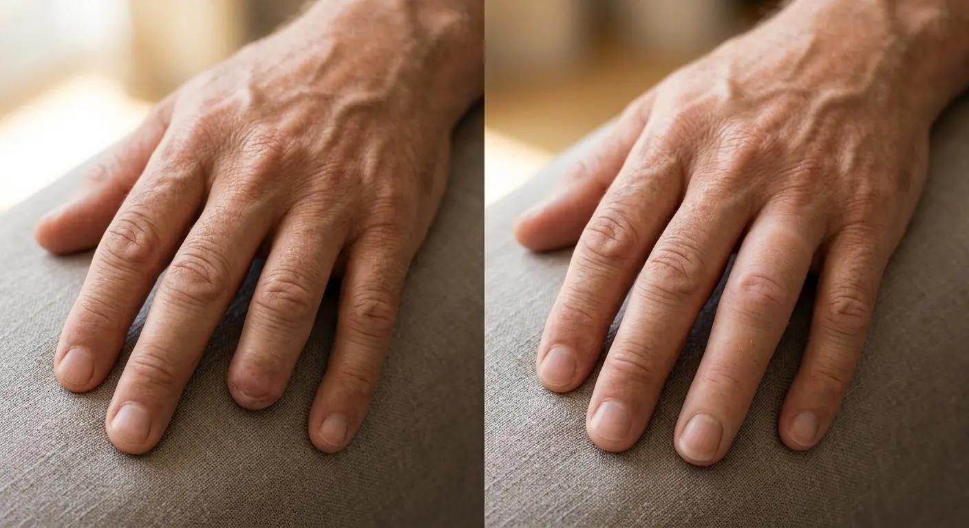 Before and after a prosthetic finger fitting