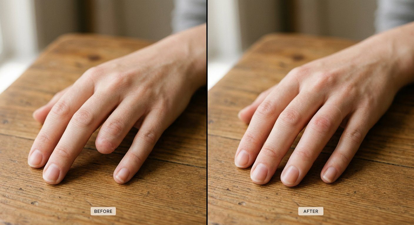 Before and after prosthetic finger comparison labelled