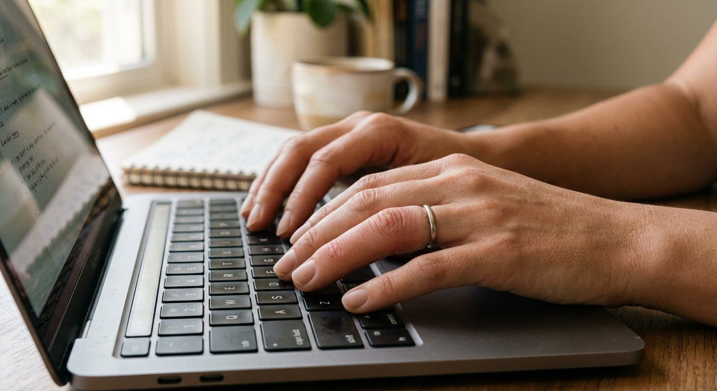 Hands typing comfortably at a laptop